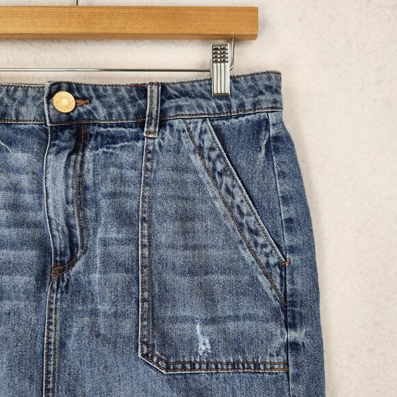 KUT From The Kloth Skirt Womens 8 Blue Denim Raw Hem Distressed Hemp Blend - Picture 2 of 11